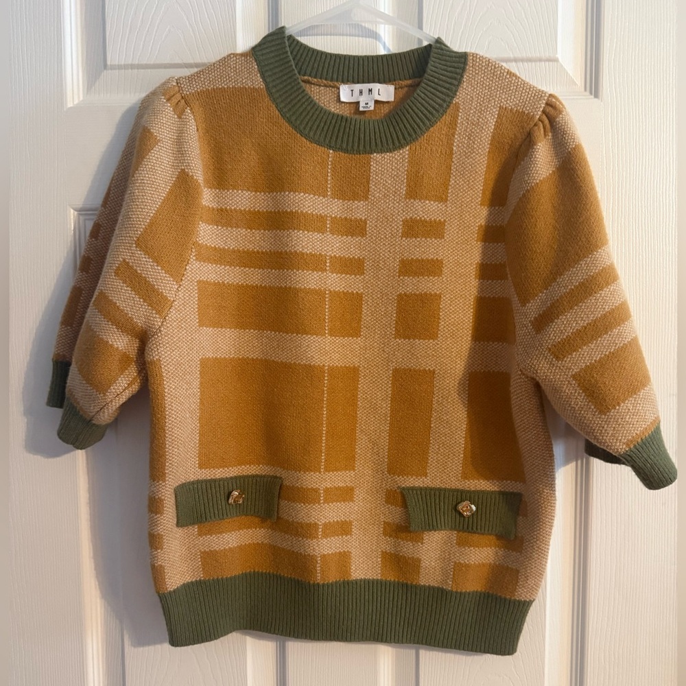 THML Olive Trim Mustard Plaid Knit Top